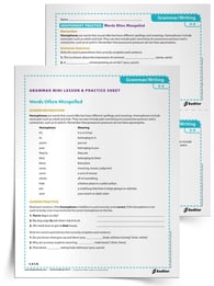 One of the reasons the English language can be so difficult to learn is due to the number of homophones. Use the Words Often Misspelled Grammar Mini Lesson & Practice Sheet, to review commonly misspelled words that confuse young students!